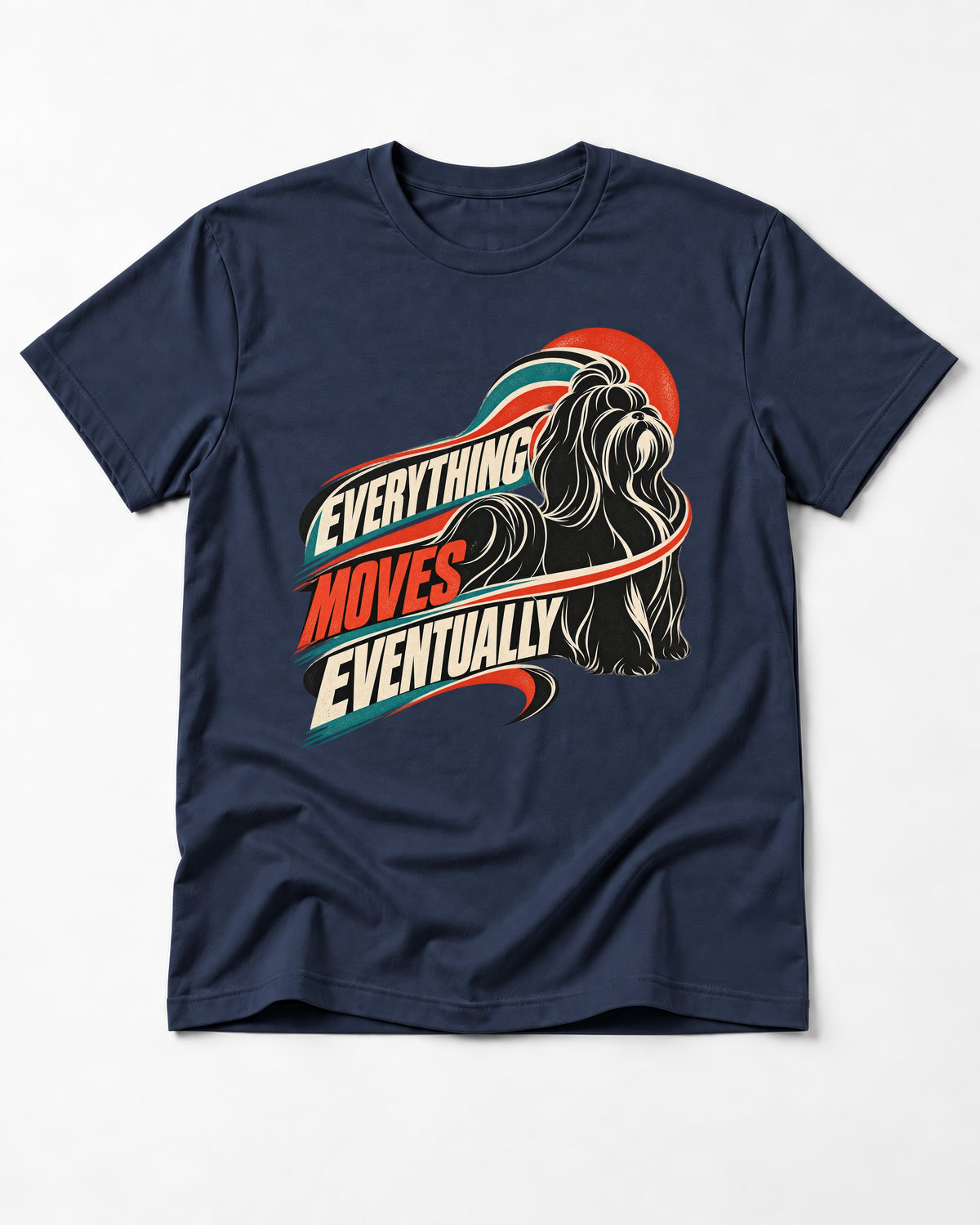 Shih Tzu Everything Moves Eventually Retro Speed Graphic T-Shirt in Navy, flat lay product photo