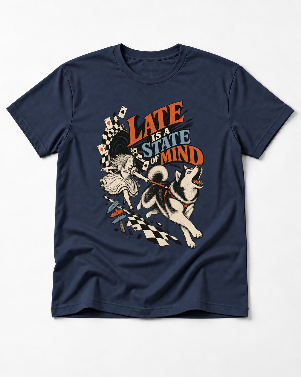 Husky Late Is a State of Mind Wonderland Chase Graphic T-Shirt in Navy, flat lay product photo