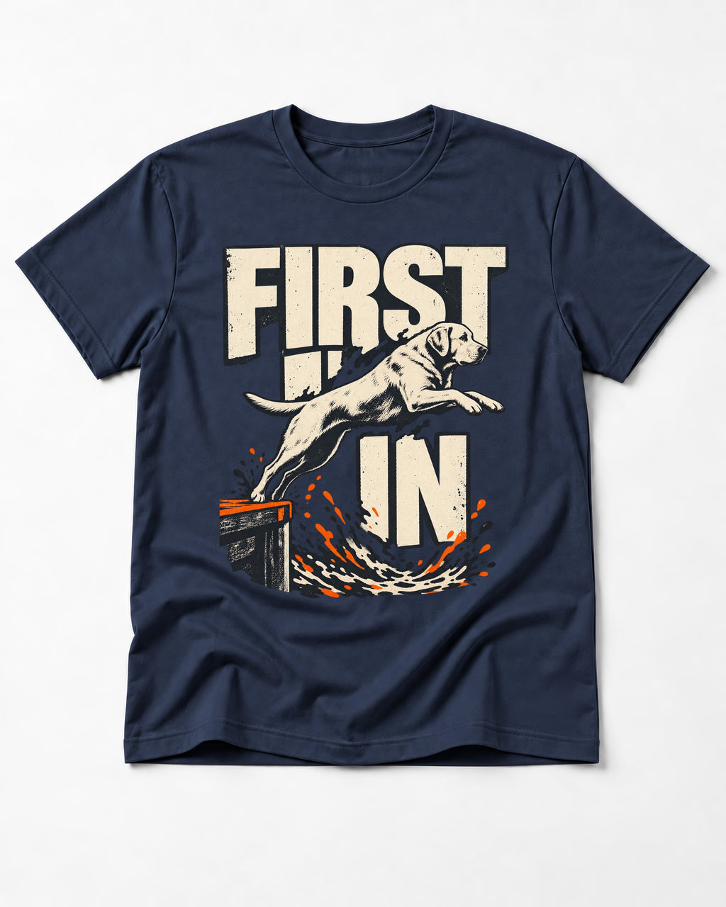 First In Dock Jump Labrador Retriever Graphic T-Shirt in Navy, flat lay product photo