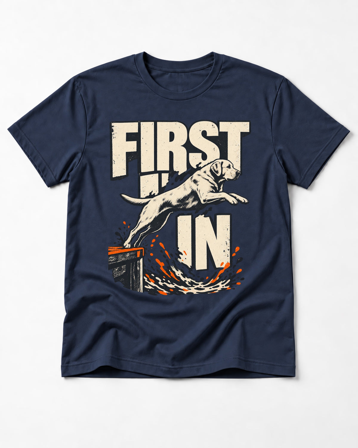 First In Dock Jump Labrador Retriever Graphic T-Shirt in Navy, flat lay product photo
