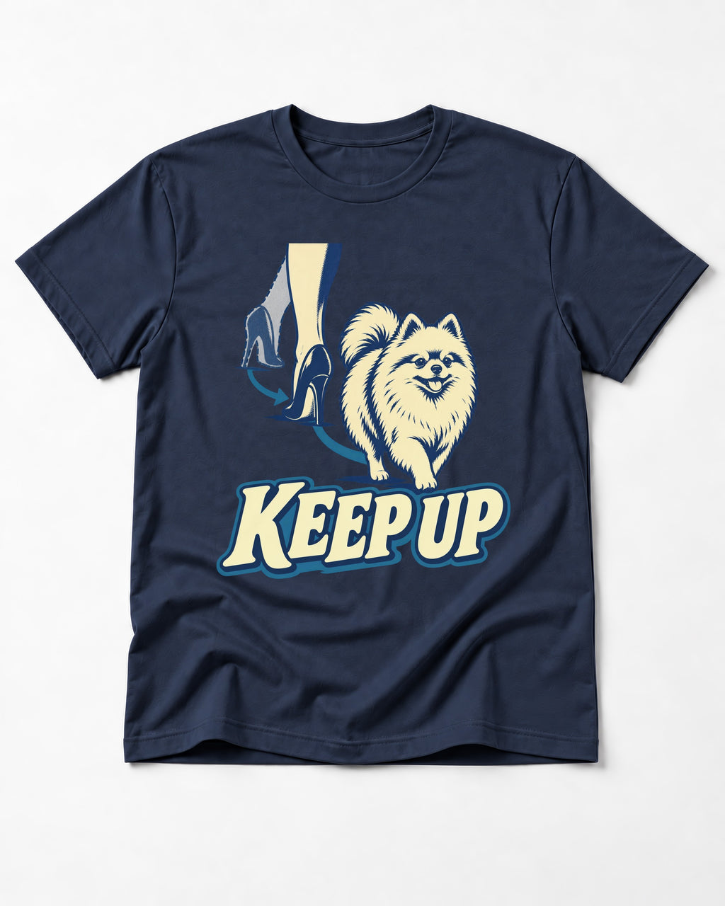 Pomeranian Keep Up High Heel Chase Graphic T-Shirt in Navy, flat lay product photo