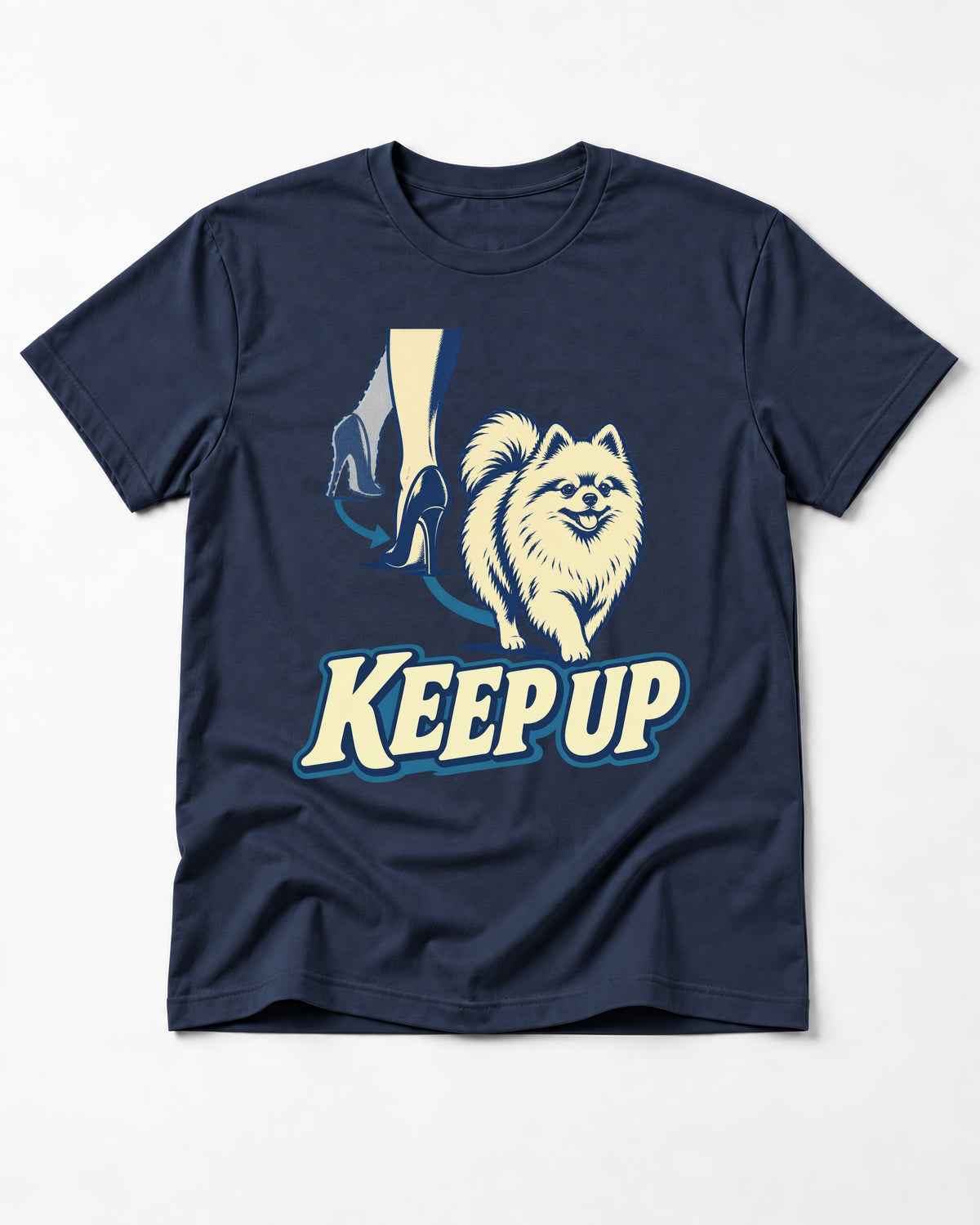 Pomeranian Keep Up High Heel Chase Graphic T-Shirt in Navy, flat lay product photo