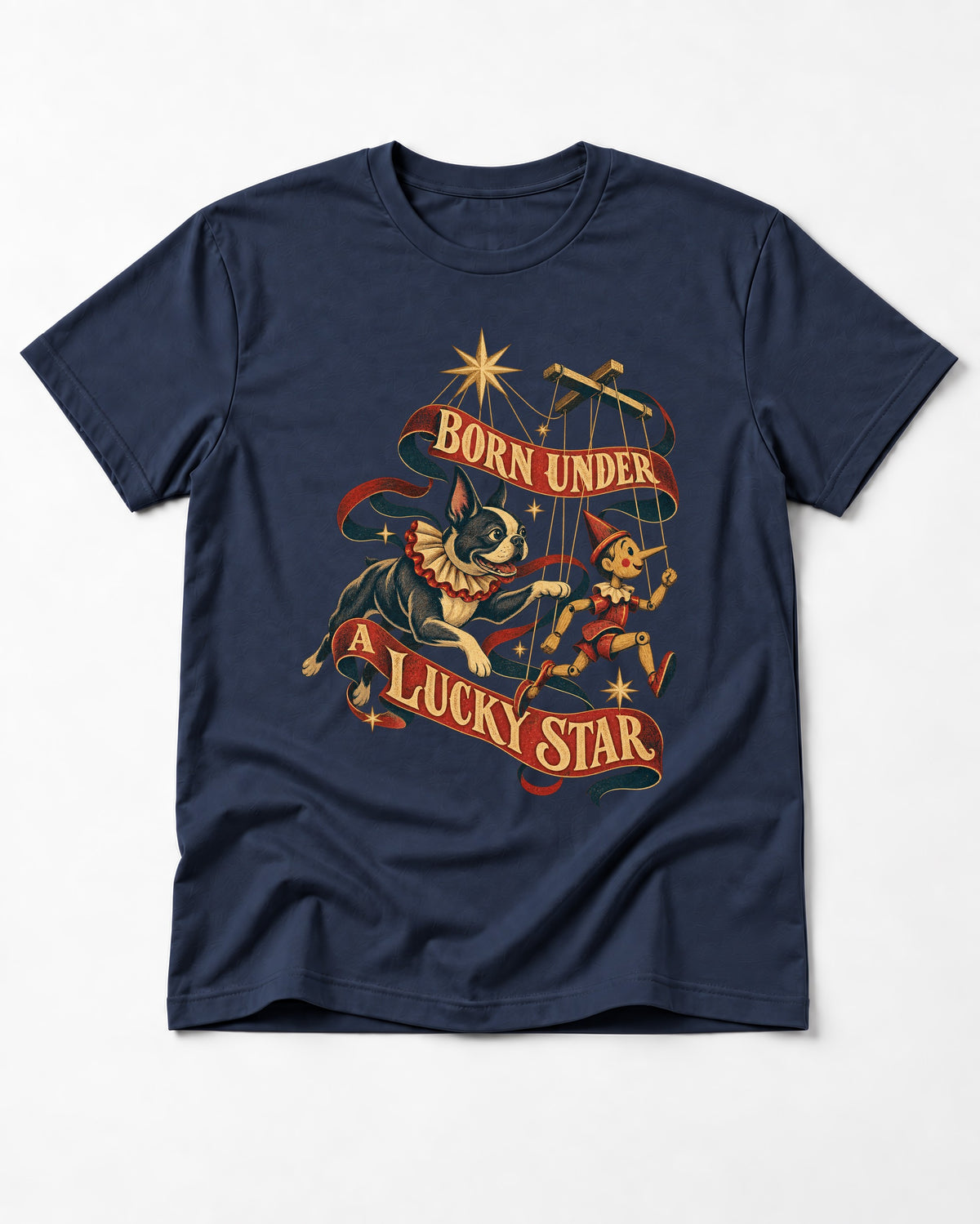 Born Under a Lucky Star Boston Terrier T-Shirt in Navy, flat lay product photo