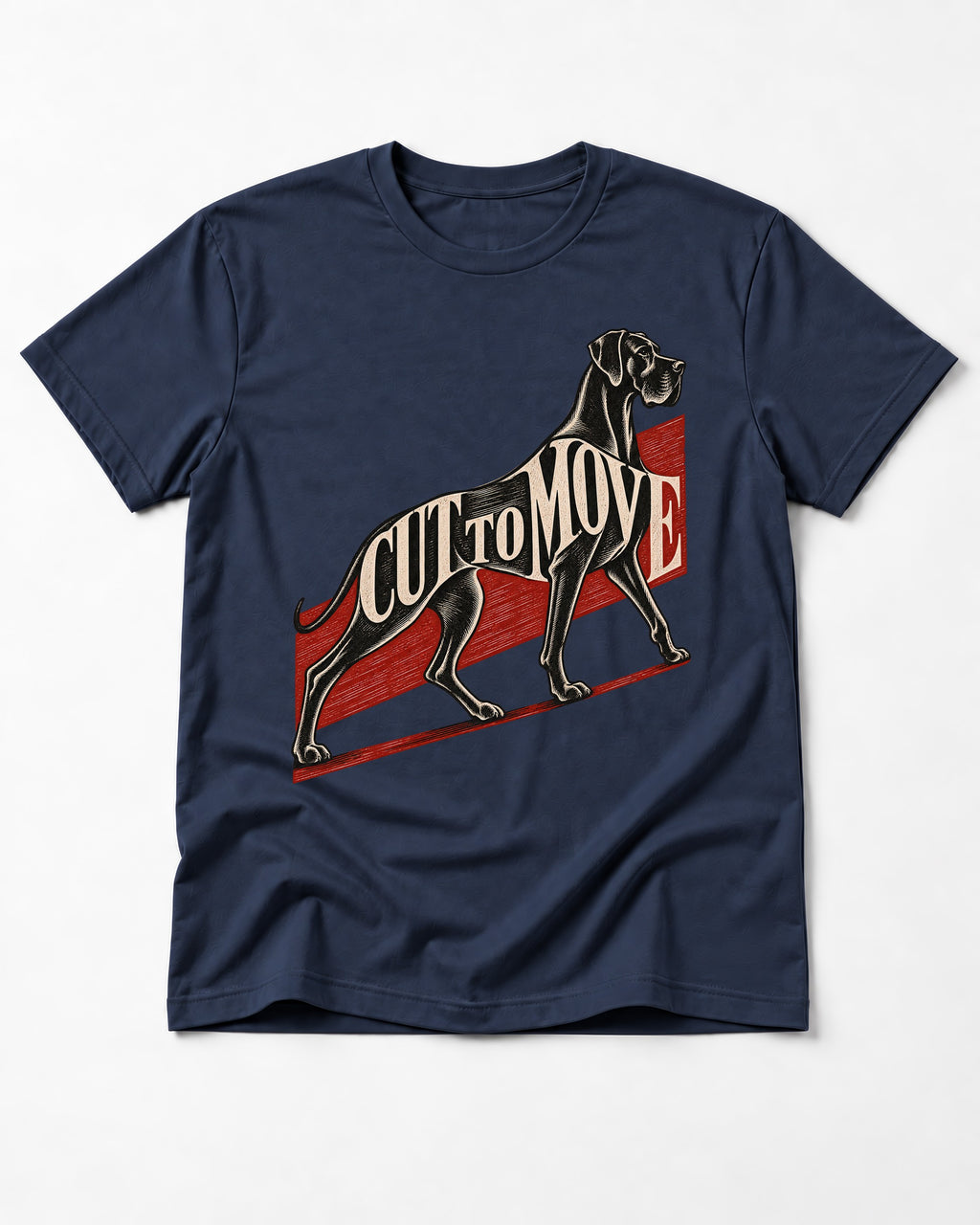 Great Dane Cut to Move Walking Typography Graphic T-Shirt in Navy, flat lay product photo