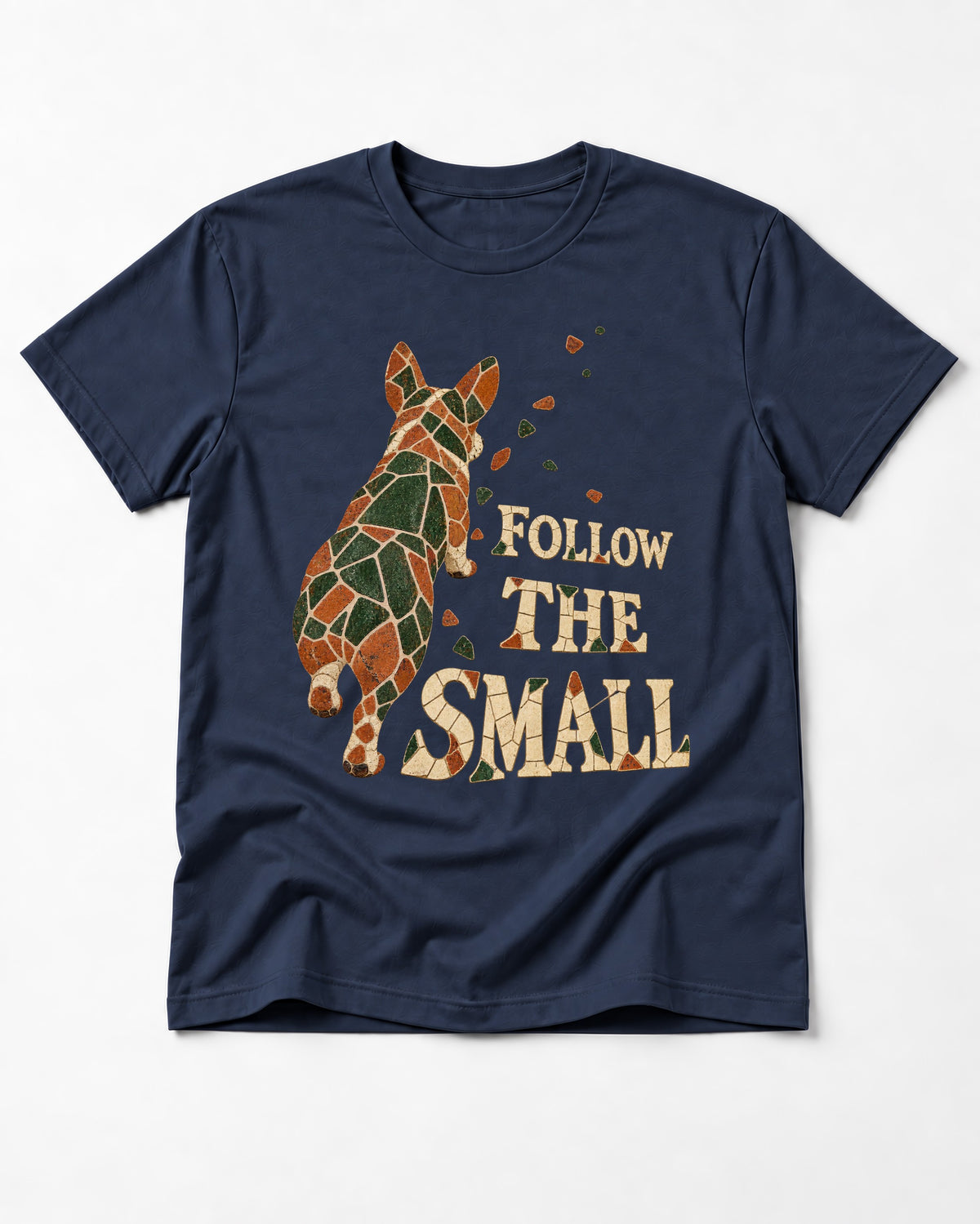 Corgi Follow the Small Mosaic T-Shirt in Navy, flat lay product photo