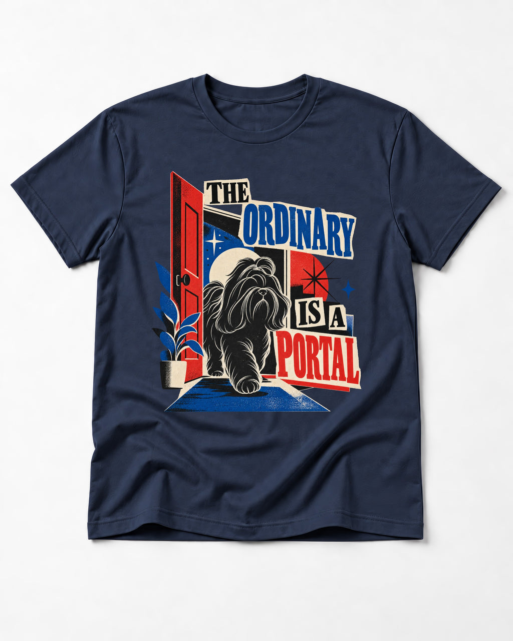 Shih Tzu The Ordinary Is a Portal Door Graphic T-Shirt in Navy, flat lay product photo