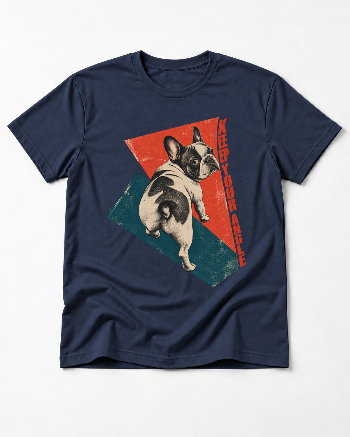 Frenchie Keep Your Angle Geometric Graphic T-Shirt in Navy, flat lay product photo
