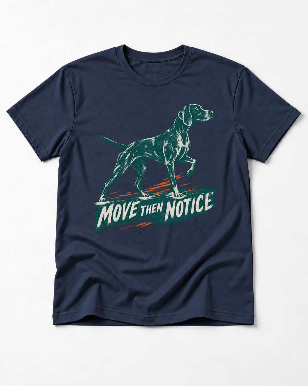 German Shorthaired Pointer Move Then Notice Brushstroke Graphic T-Shirt in Navy, flat lay product photo