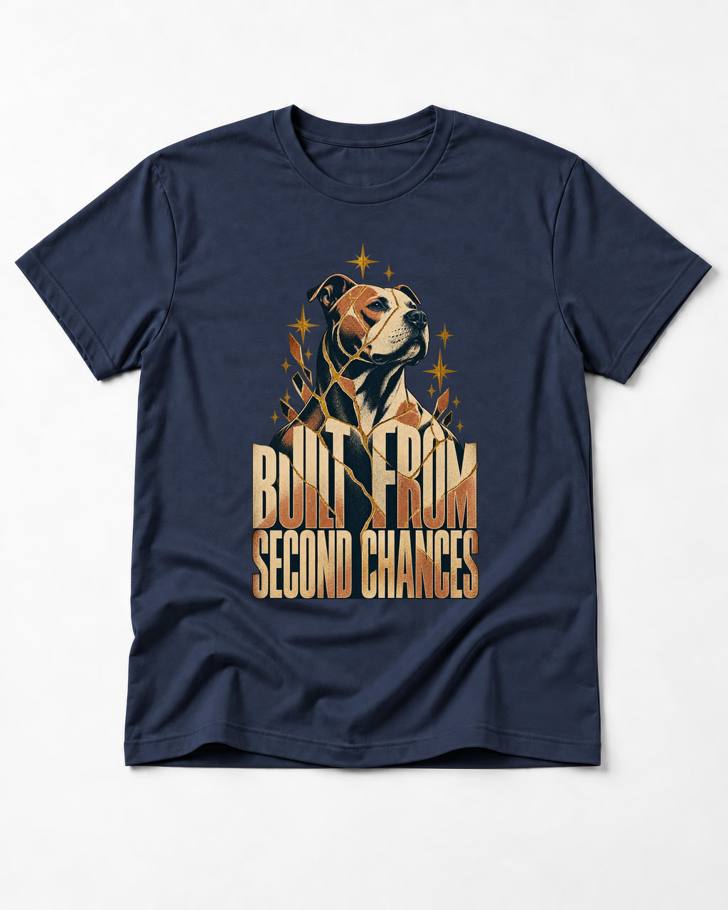 Pitbull Built from Second Chances Kintsugi Graphic T-Shirt in Navy, flat lay product photo