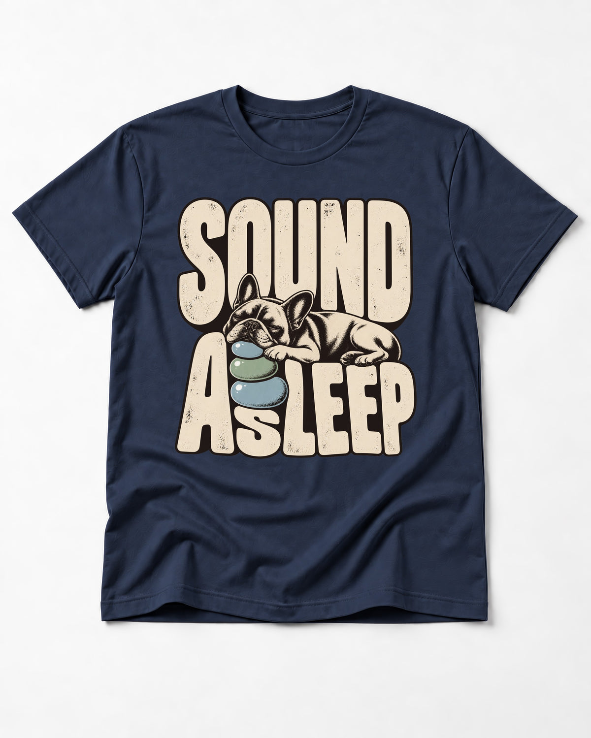 Frenchie Sound Asleep Stone Pillow Graphic T-Shirt in Navy, flat lay product photo