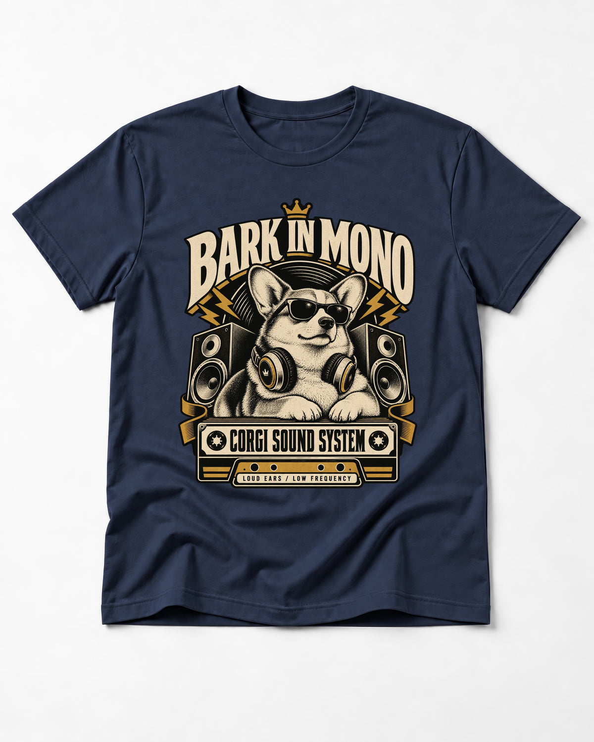 Corgi Bark in Mono Sound System T-Shirt in Navy, flat lay product photo