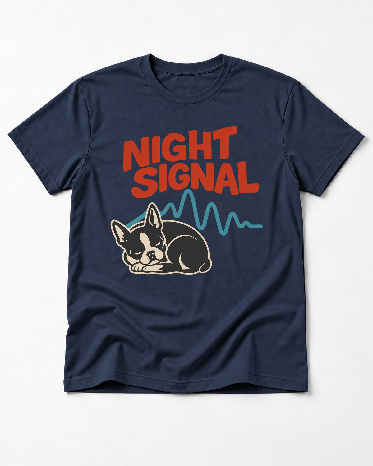 Boston Terrier Sleeping Night Signal T-Shirt in Navy, flat lay product photo