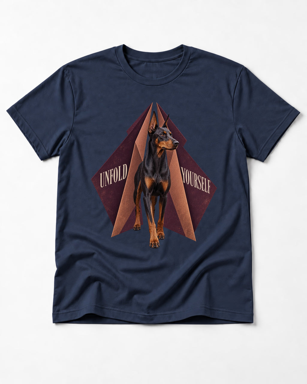 Doberman Unfold Yourself Geometric Portrait Graphic T-Shirt in Navy, flat lay product photo