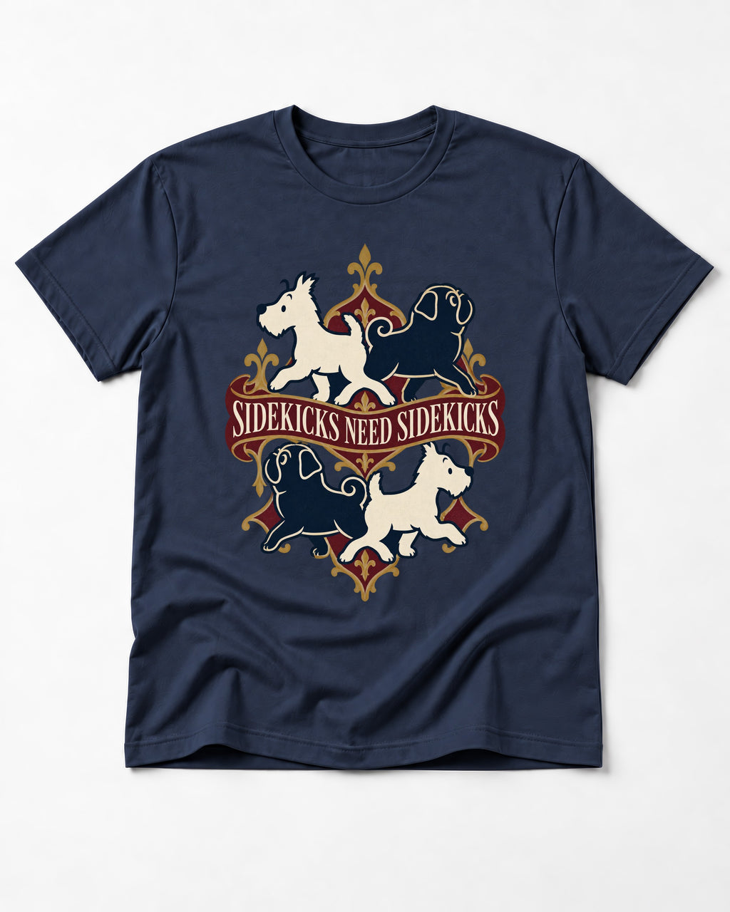 Pug Sidekicks Need Sidekicks Heraldic Graphic T-Shirt in Navy, flat lay product photo