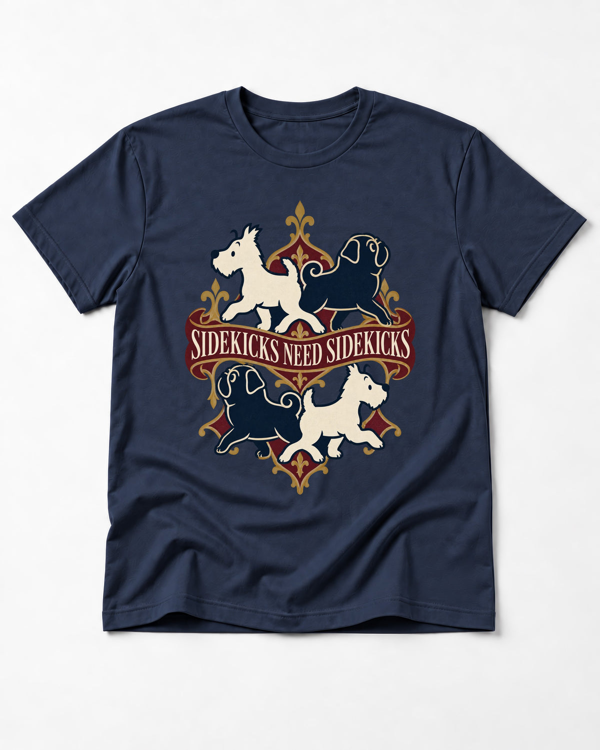 Pug Sidekicks Need Sidekicks Heraldic Graphic T-Shirt in Navy, flat lay product photo