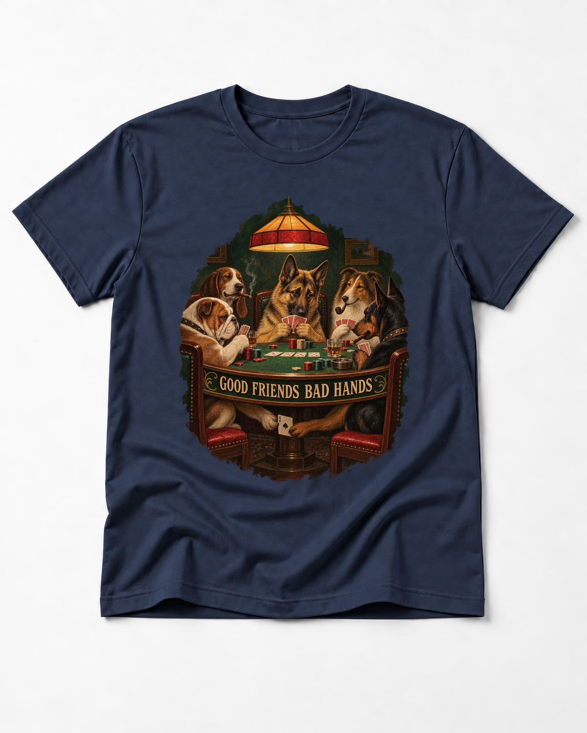 German Shepherd Dog Good Friends Bad Hands Poker Graphic T-Shirt in Navy, flat lay product photo