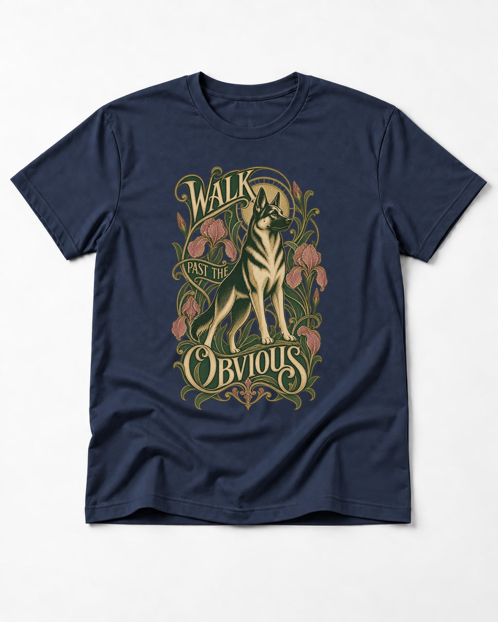 Walk Past The Obvious Art Nouveau German Shepherd Dog Graphic T-Shirt in Navy, flat lay product photo