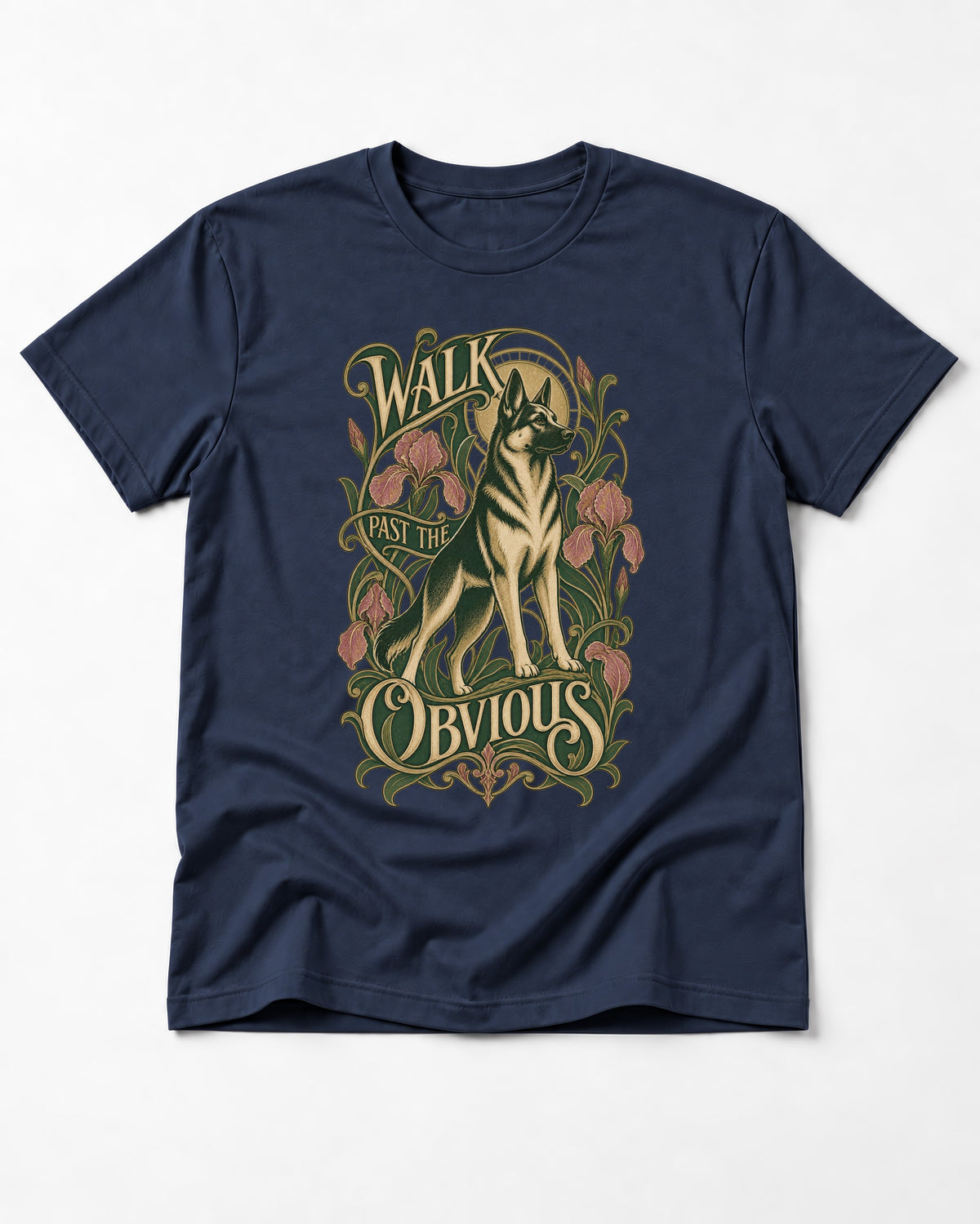 Walk Past The Obvious Art Nouveau German Shepherd Dog Graphic T-Shirt in Navy, flat lay product photo