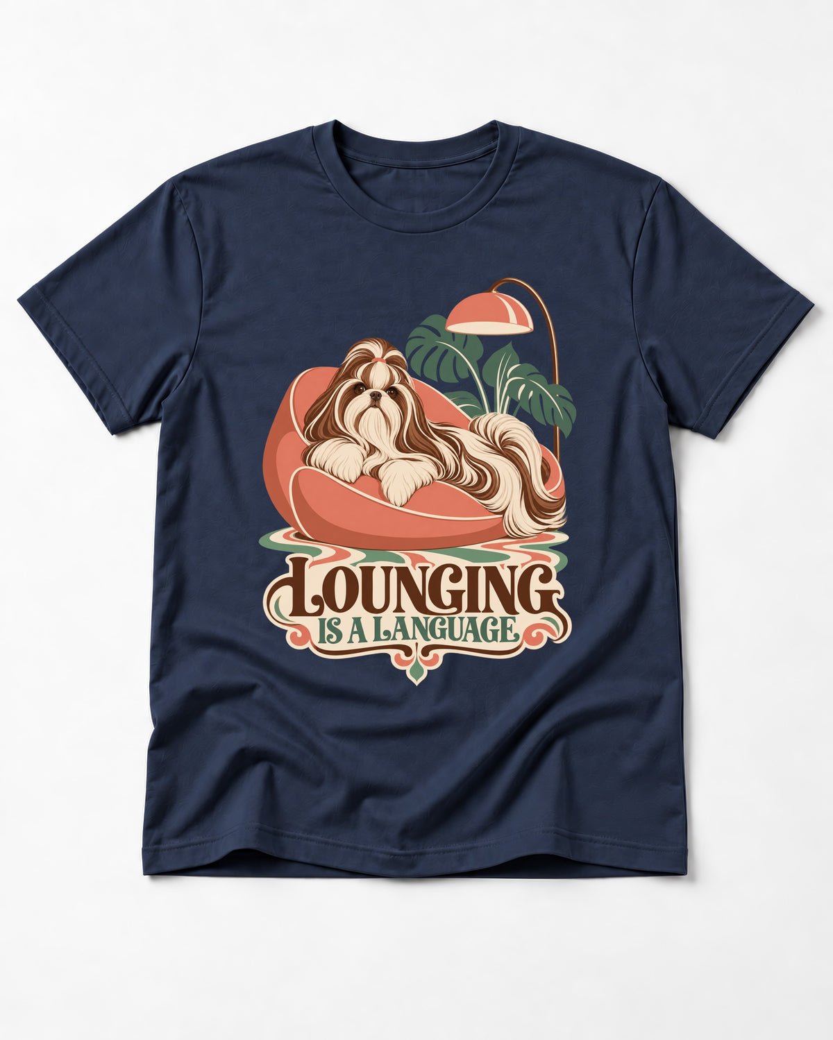Shih Tzu Lounging Is a Language Retro Lounge Graphic T-Shirt in Navy, flat lay product photo