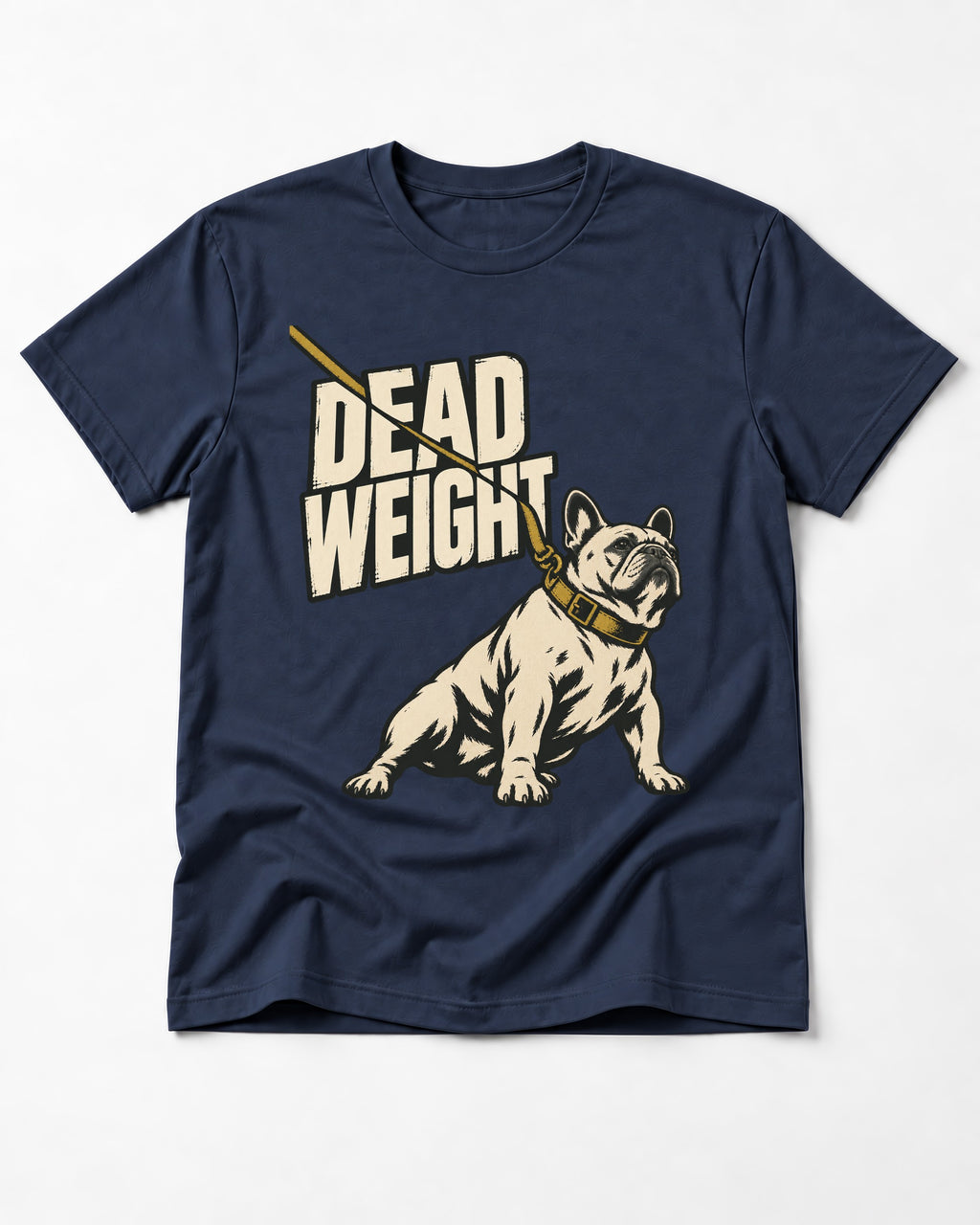 Frenchie Dead Weight Leash Graphic T-Shirt in Navy, flat lay product photo
