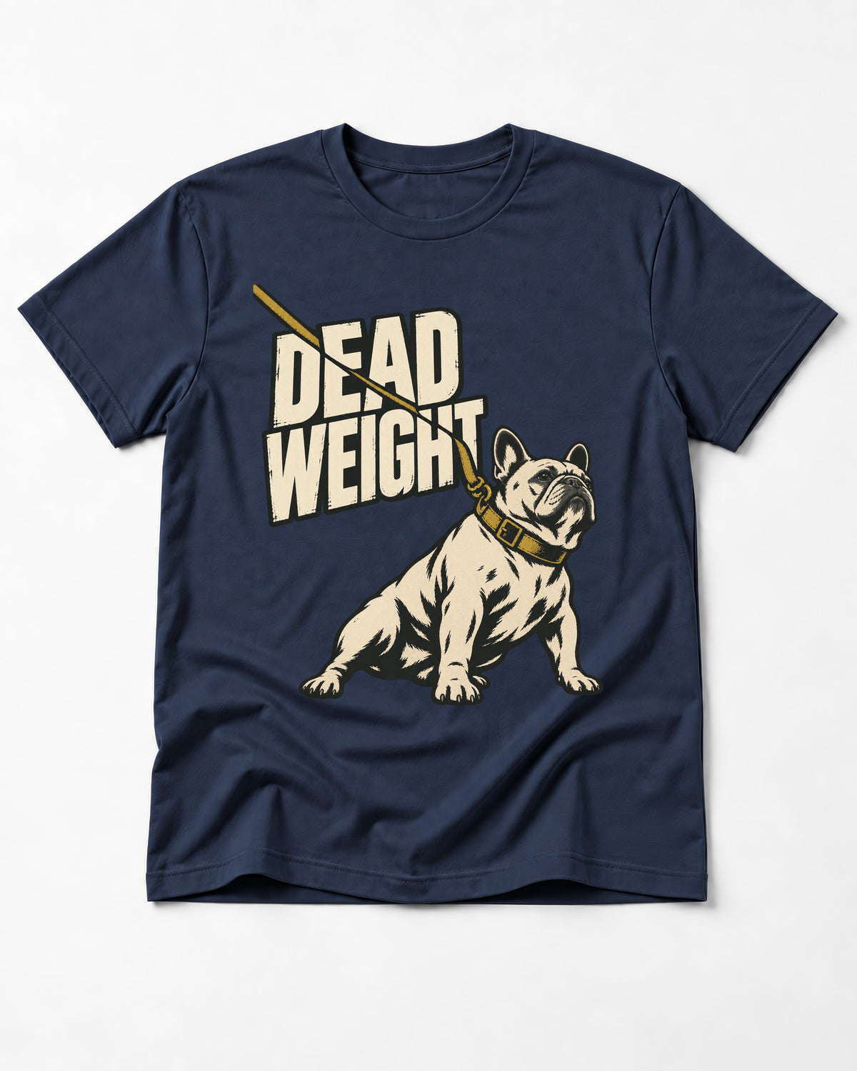 Frenchie Dead Weight Leash Graphic T-Shirt in Navy, flat lay product photo