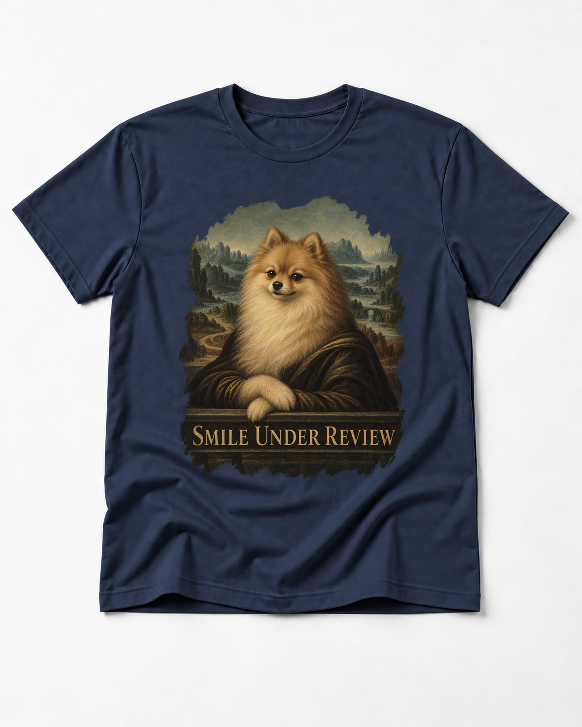 Pomeranian Smile Under Review Renaissance Portrait Graphic T-Shirt in Navy, flat lay product photo