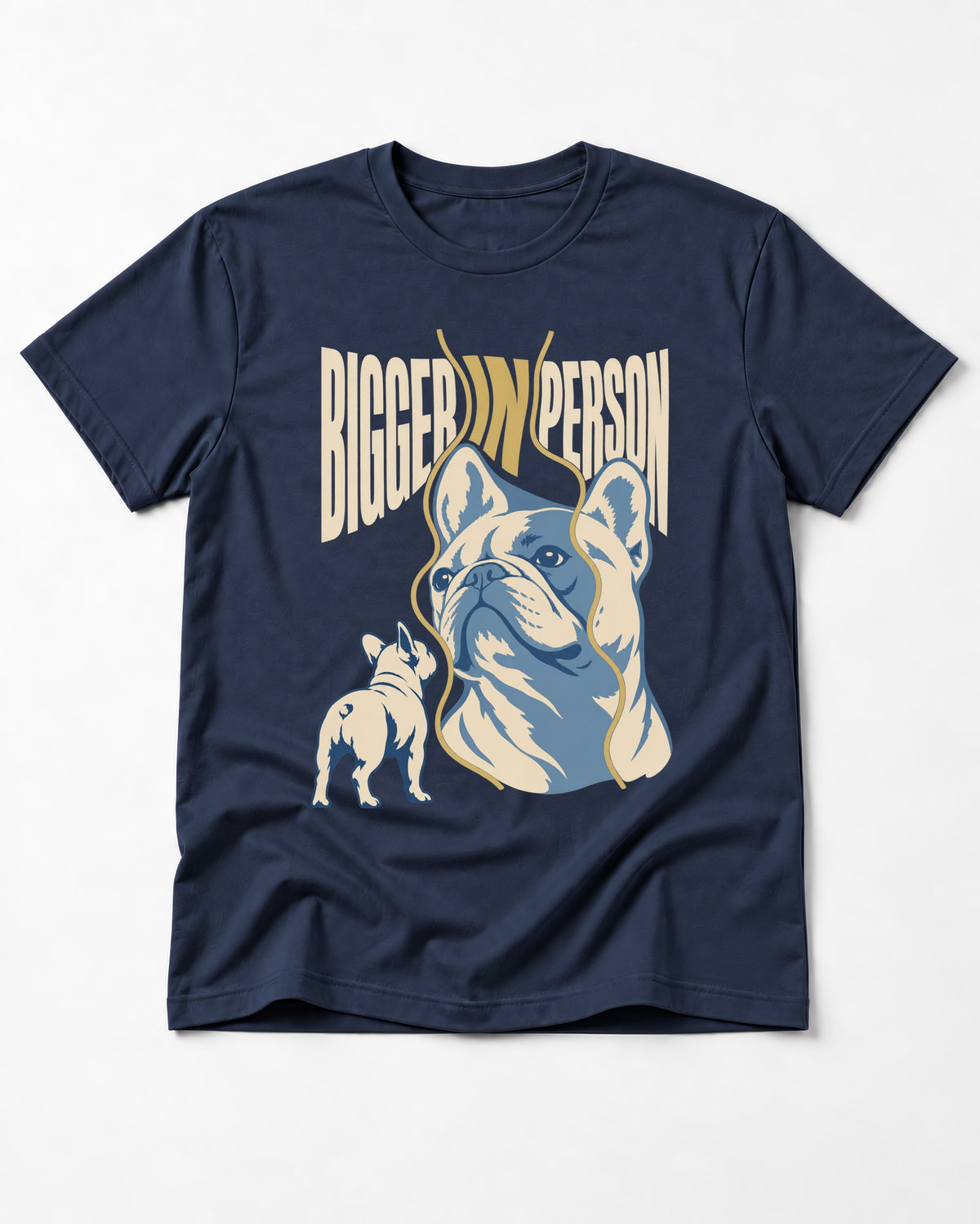 Frenchie Bigger in Person Mirror Graphic T-Shirt in Navy, flat lay product photo
