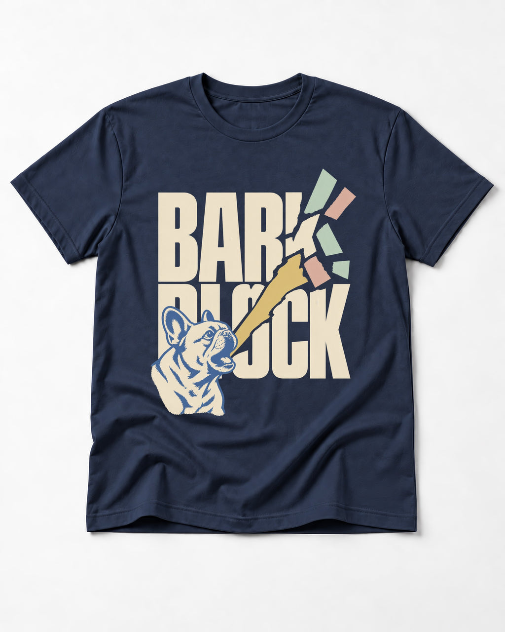 Frenchie Bark Breaks Bark Block Graphic T-Shirt in Navy, flat lay product photo