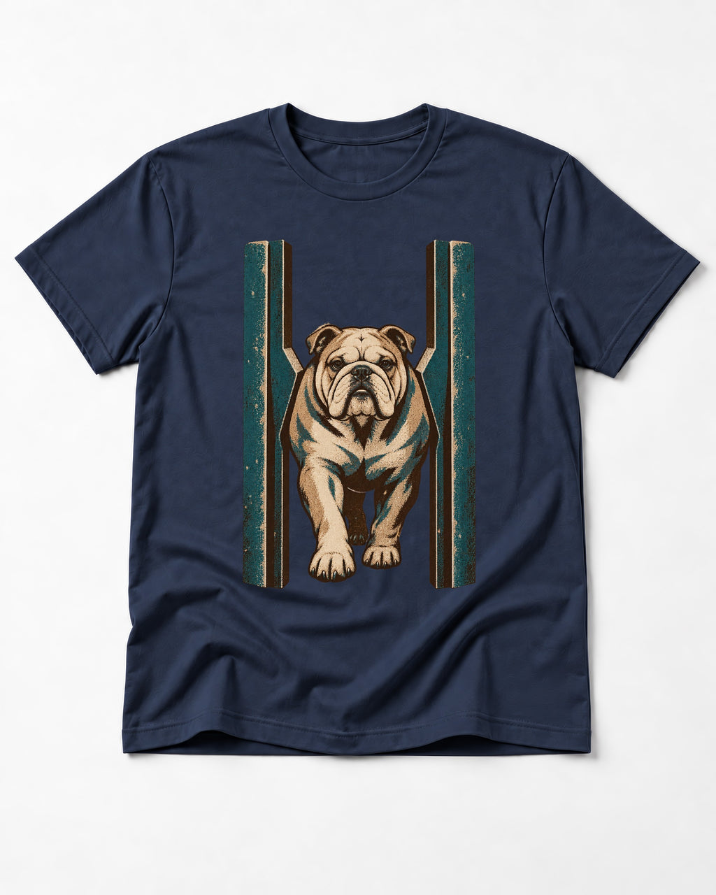 English Bulldog Walking Through Teal Gate Graphic T-Shirt in Navy, flat lay product photo