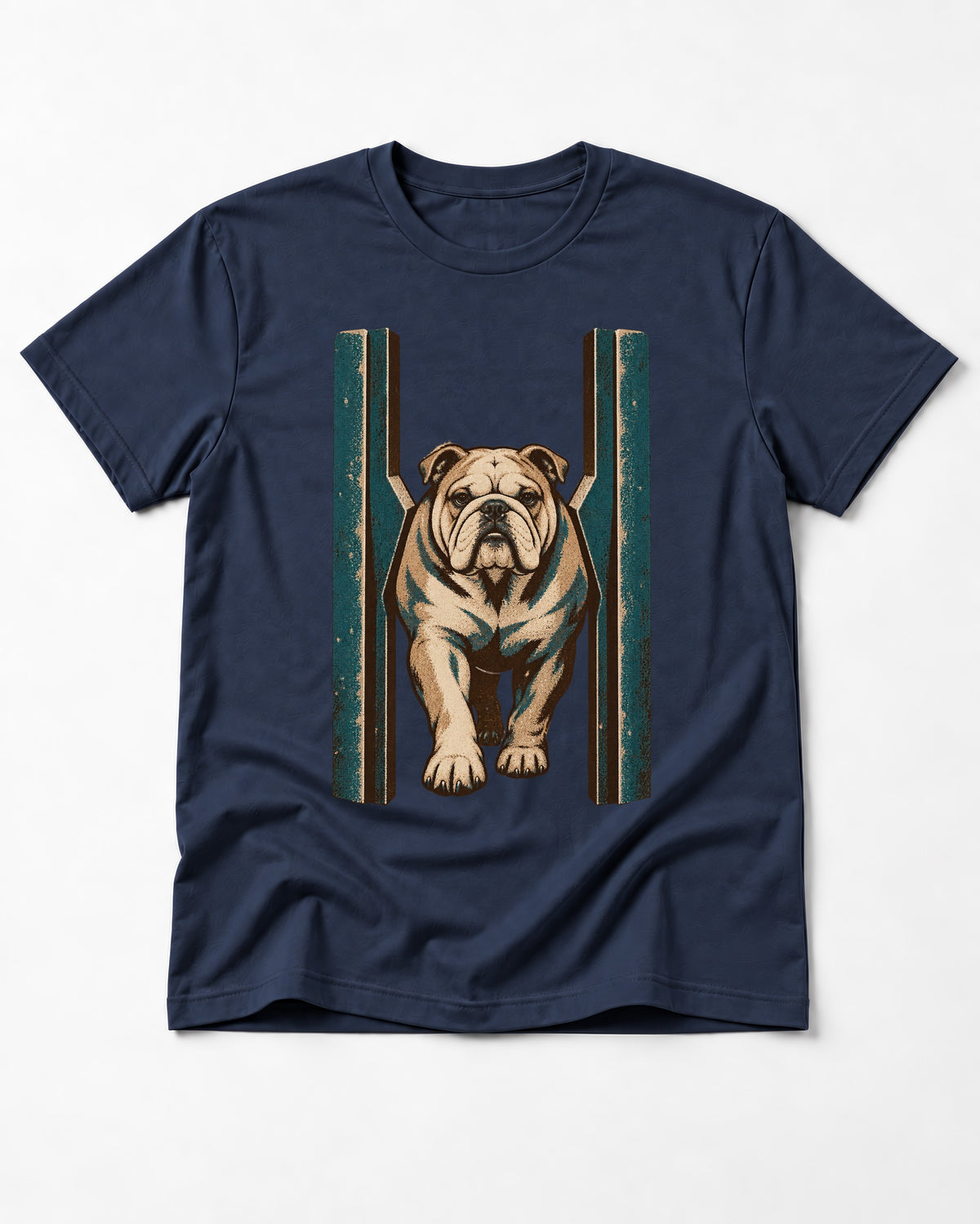 English Bulldog Walking Through Teal Gate Graphic T-Shirt in Navy, flat lay product photo