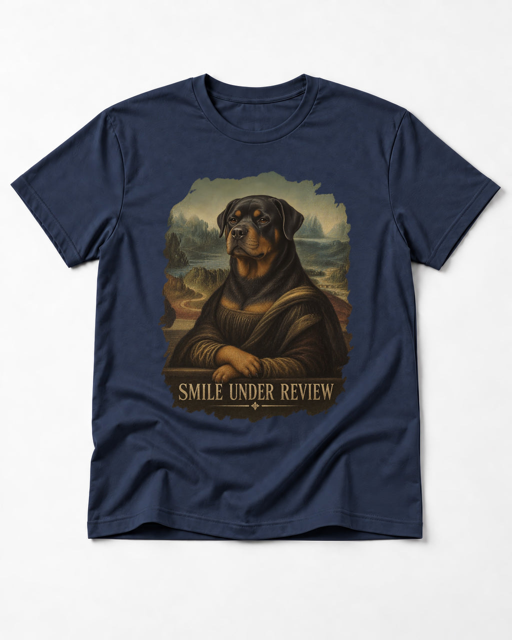 Rottweiler Smile Under Review Renaissance Portrait Graphic T-Shirt in Navy, flat lay product photo