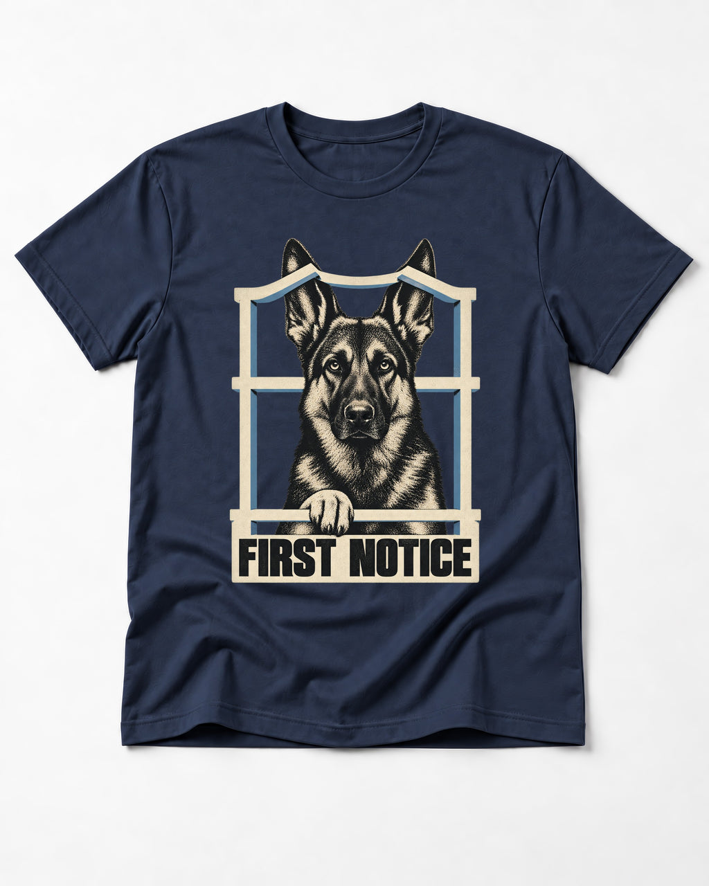 First Notice Window German Shepherd Dog Graphic T-Shirt in Navy, flat lay product photo