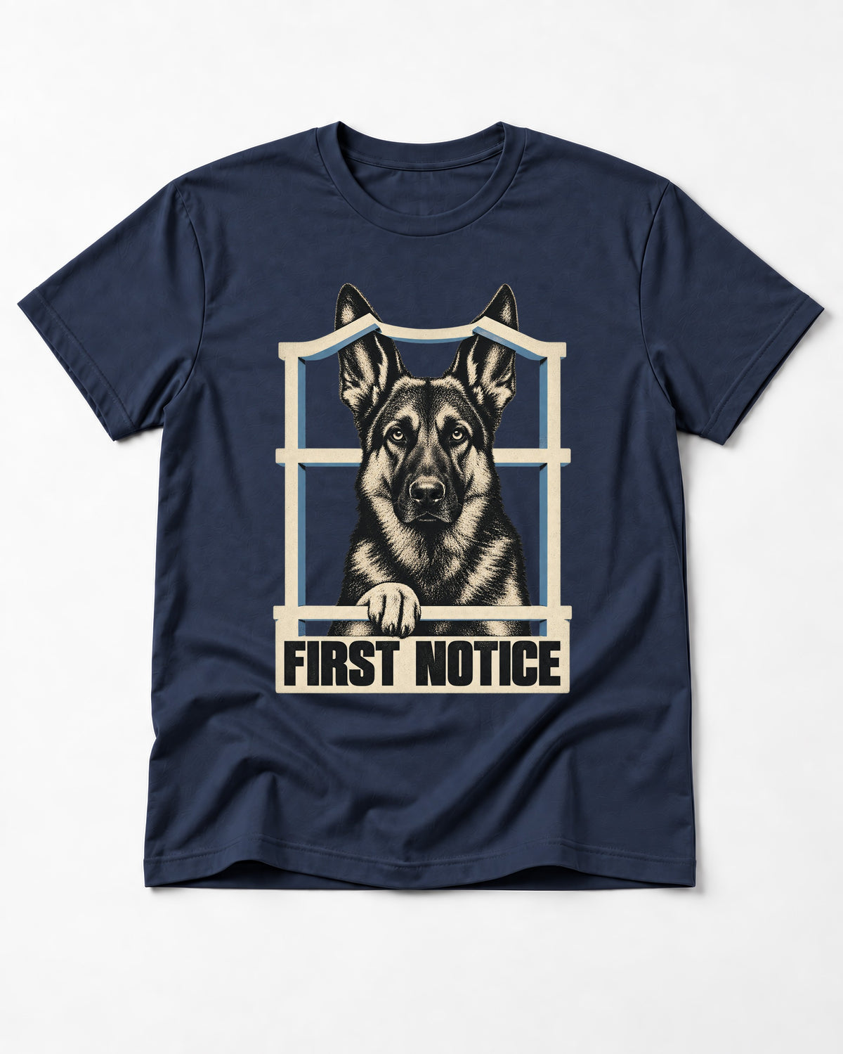 First Notice Window German Shepherd Dog Graphic T-Shirt in Navy, flat lay product photo