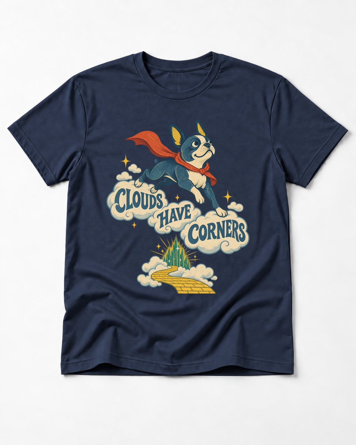 Clouds Have Corners Boston Terrier T-Shirt in Navy, flat lay product photo