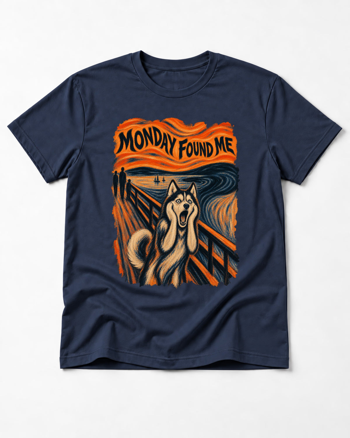Husky Monday Found Me Scream Parody Graphic T-Shirt in Navy, flat lay product photo