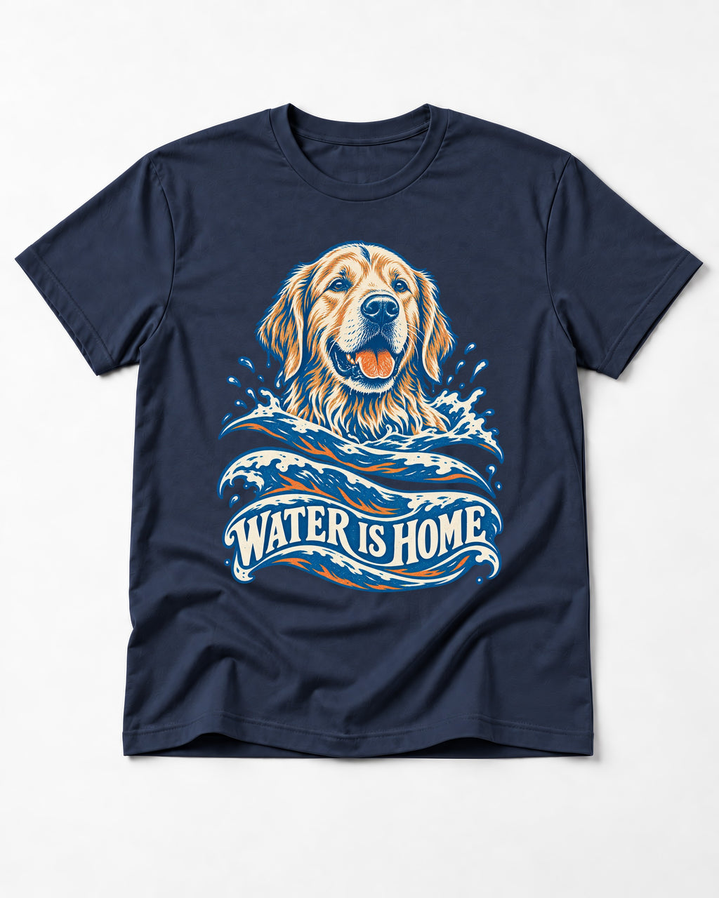 Golden Retriever Water Is Home Ocean Wave Graphic T-Shirt in Navy, flat lay product photo