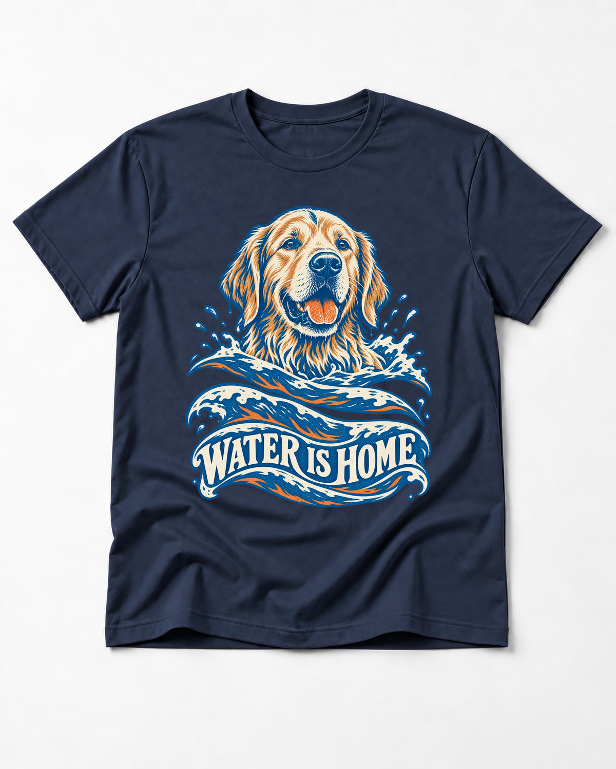 Golden Retriever Water Is Home Ocean Wave Graphic T-Shirt in Navy, flat lay product photo