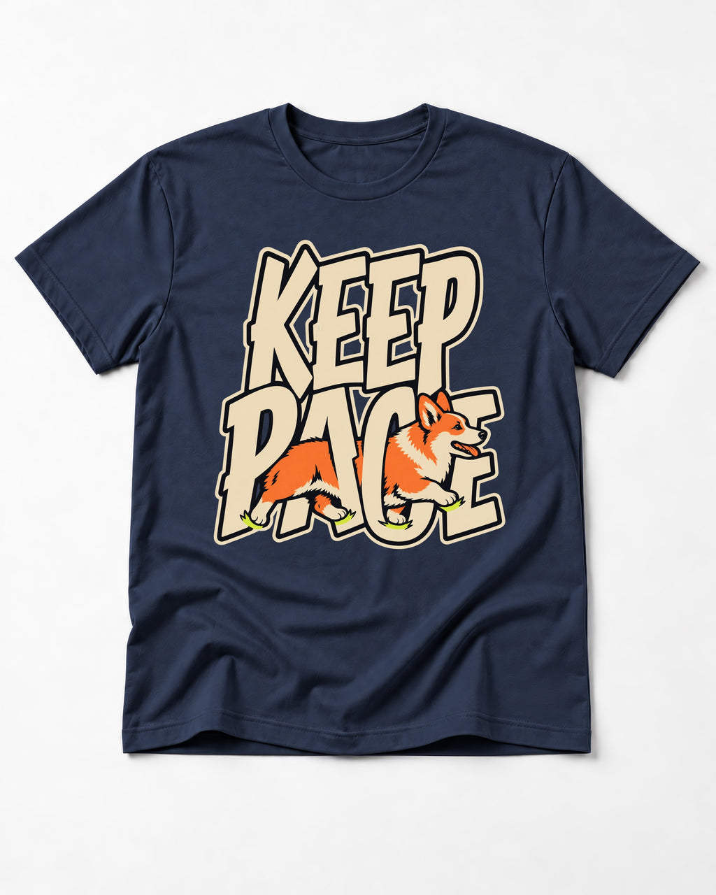 Corgi Keep Pace Running Typographic Graphic T-Shirt in Navy, flat lay product photo