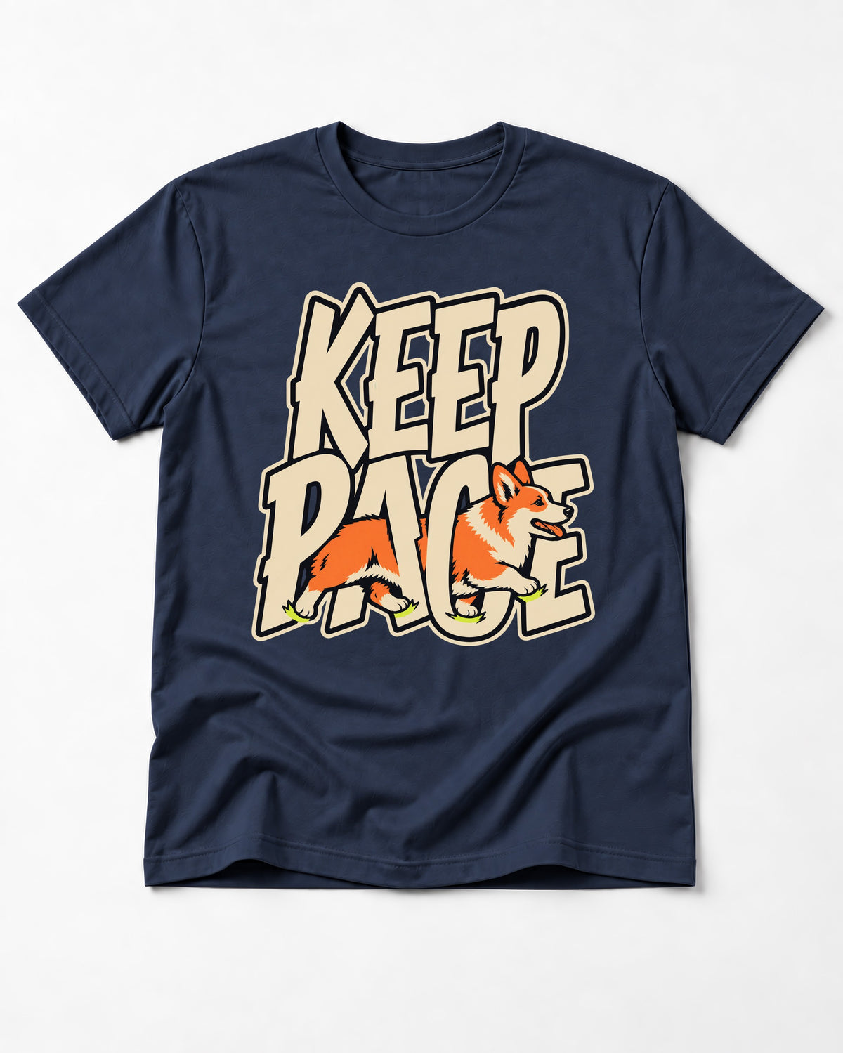 Corgi Keep Pace Running Typographic Graphic T-Shirt in Navy, flat lay product photo