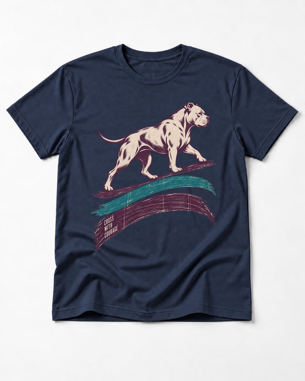 Pitbull Cross with Courage Brushstroke Graphic T-Shirt in Navy, flat lay product photo