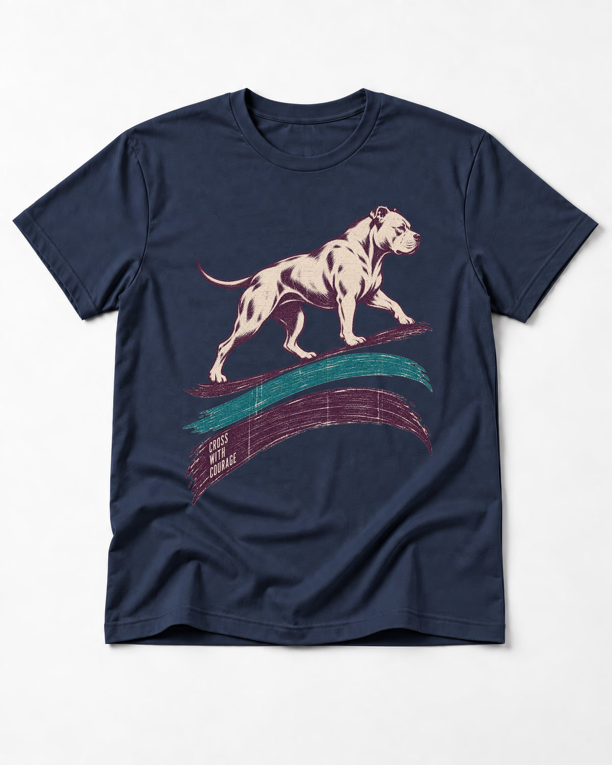 Pitbull Cross with Courage Brushstroke Graphic T-Shirt in Navy, flat lay product photo