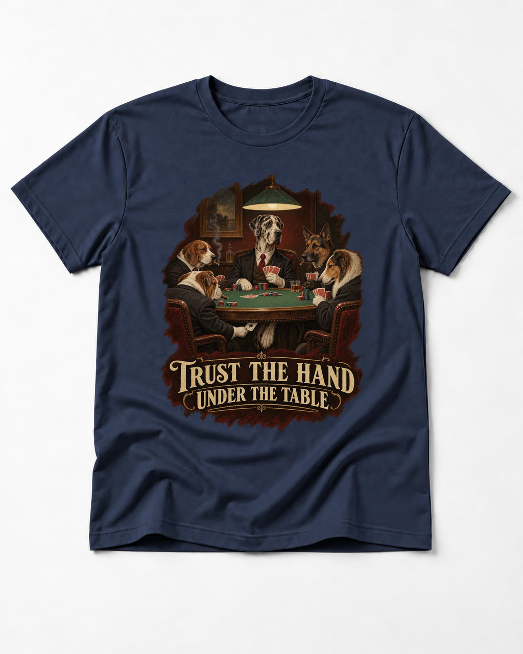 Great Dane Trust the Hand Under the Table Poker Graphic T-Shirt in Navy, flat lay product photo