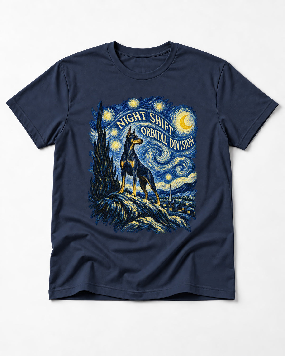 Doberman Night Shift Orbital Division Starry Night Graphic T-Shirt in Navy, flat lay product photo