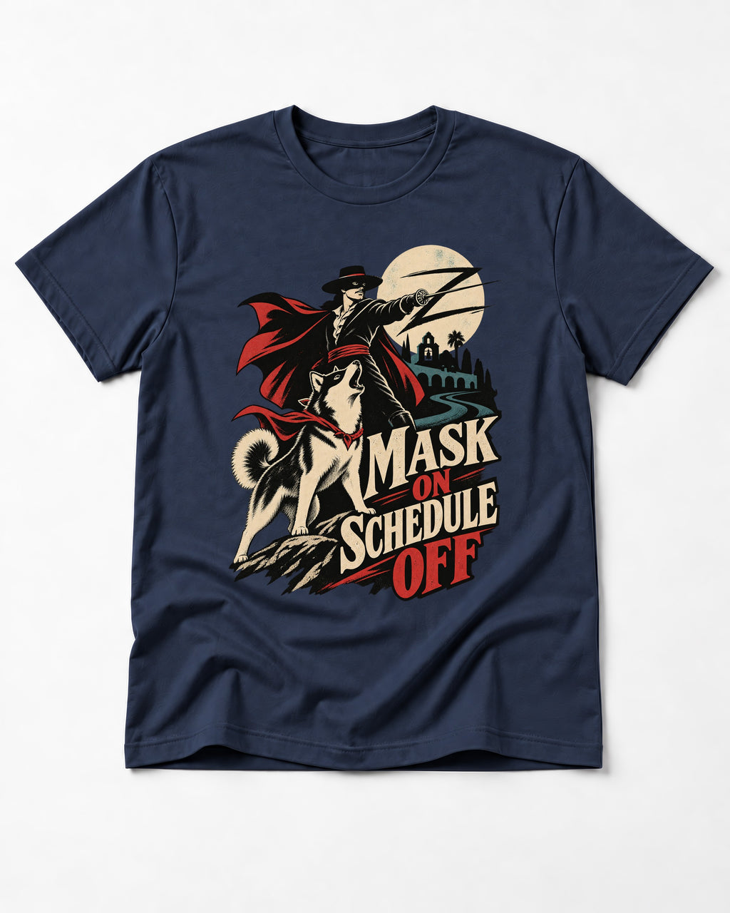 Husky Mask On Schedule Off Masked Swordsman Graphic T-Shirt in Navy, flat lay product photo