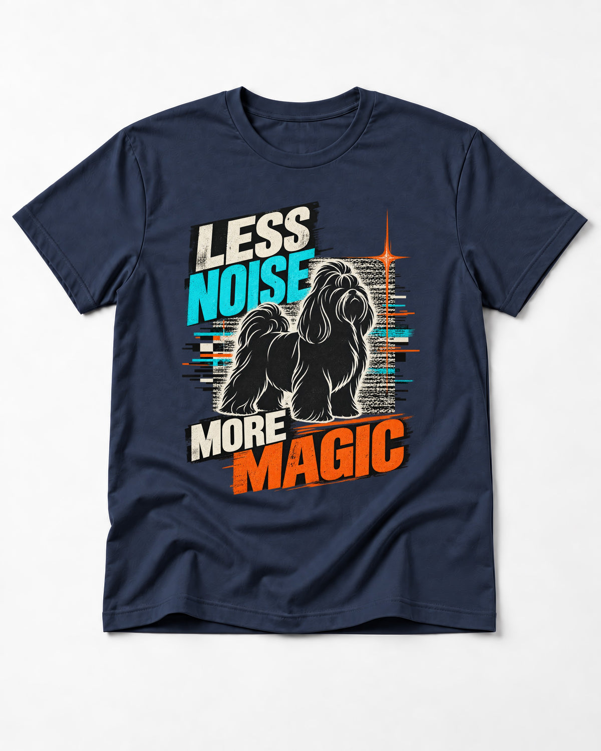 Shih Tzu Less Noise More Magic Pop Art Graphic T-Shirt in Navy, flat lay product photo