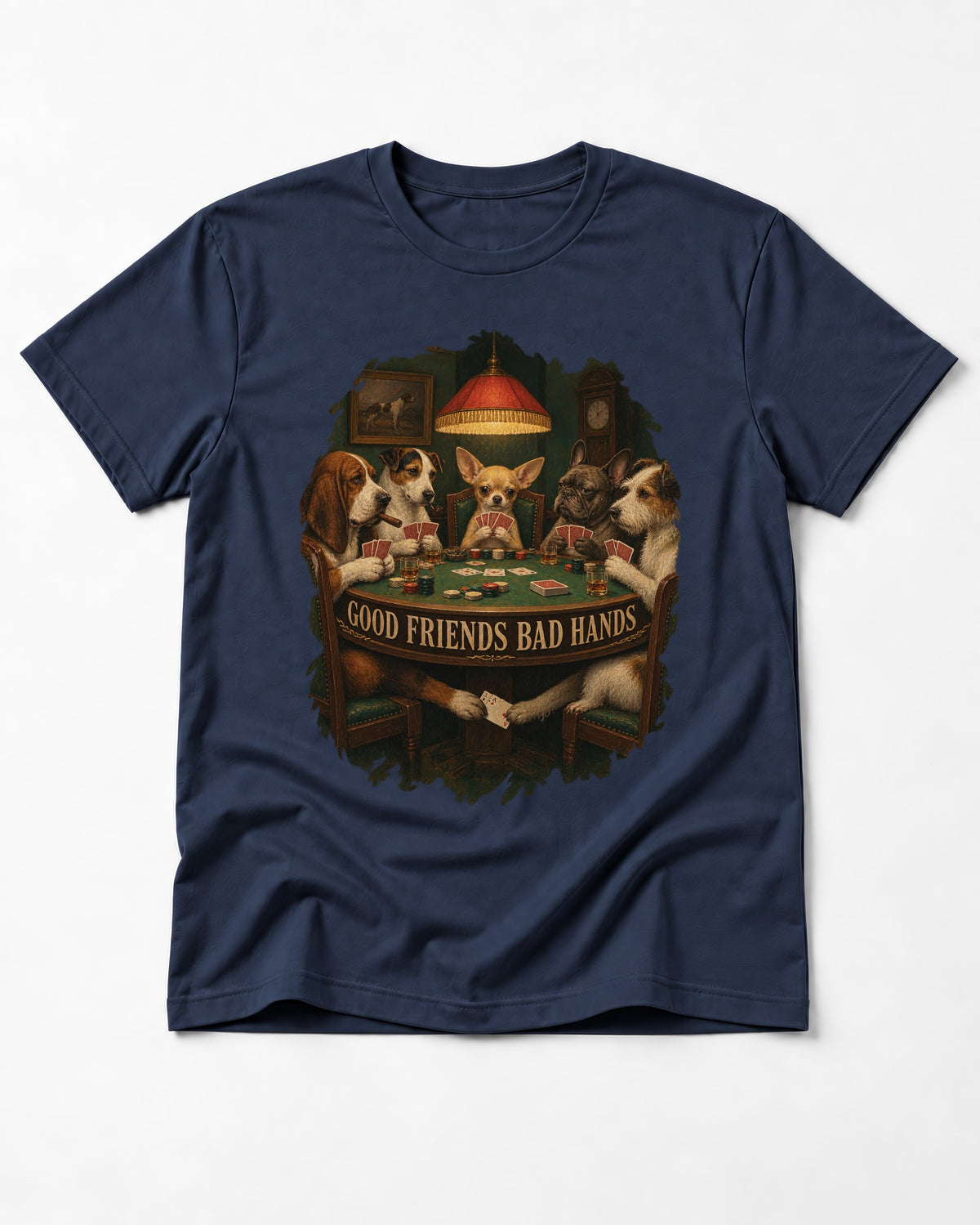Good Friends Bad Hands Chihuahua Poker Scene T-Shirt in Navy, flat lay product photo