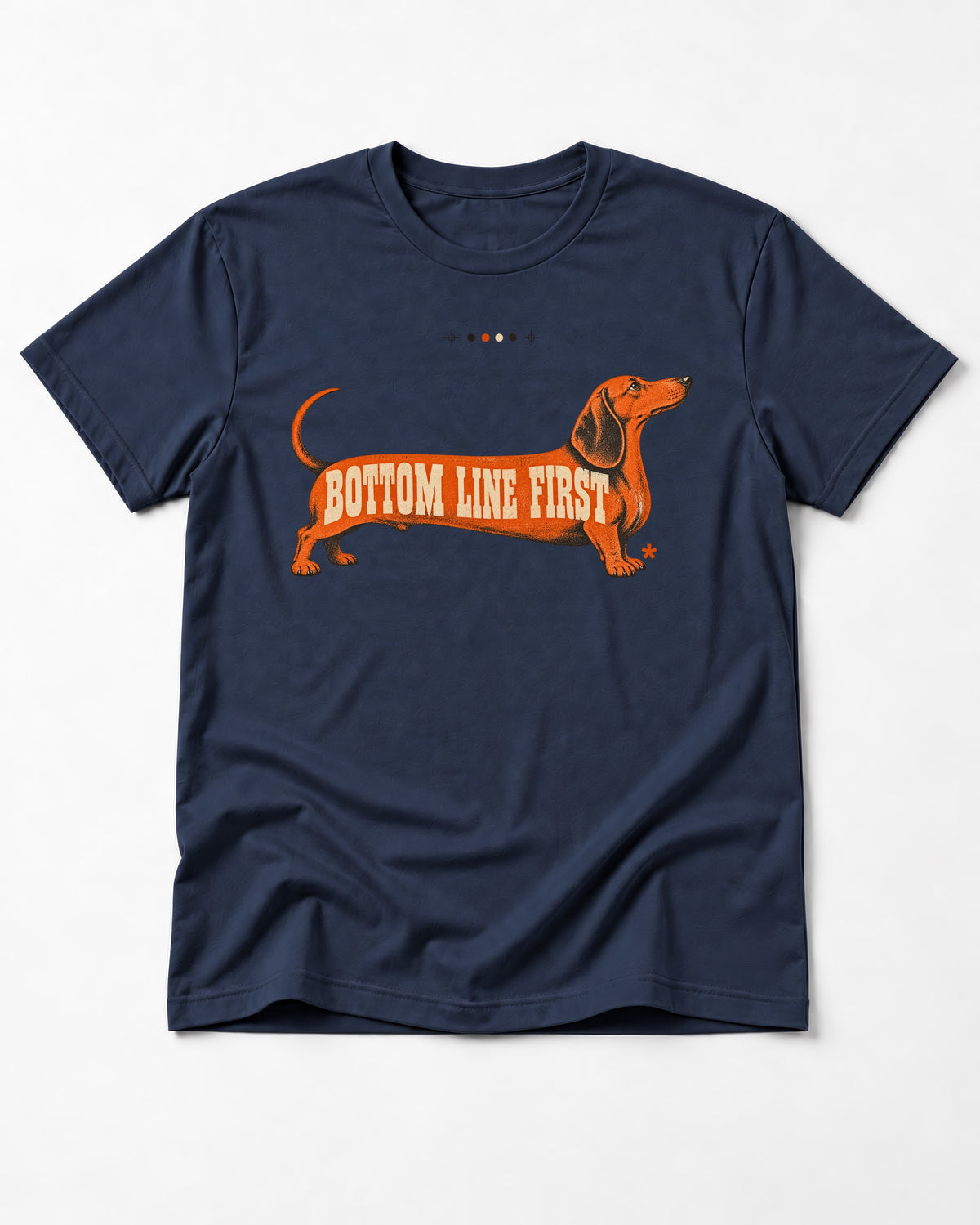 Dachshund Bottom Line First Body Lettering Graphic T-Shirt in Navy, flat lay product photo