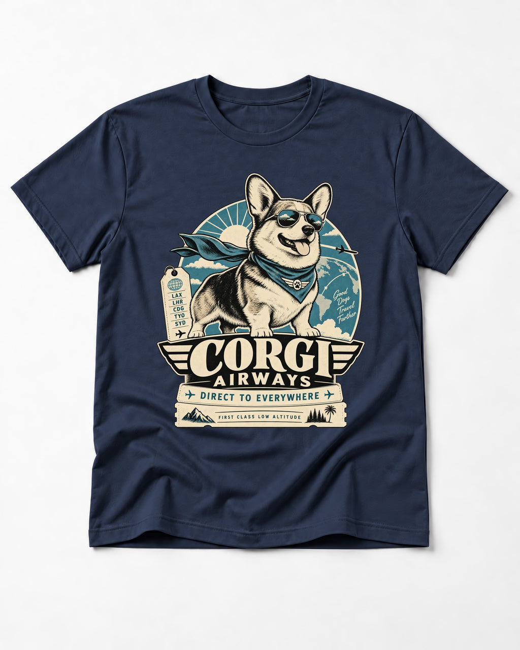 Corgi Airways Direct to Everywhere Badge T-Shirt in Navy, flat lay product photo