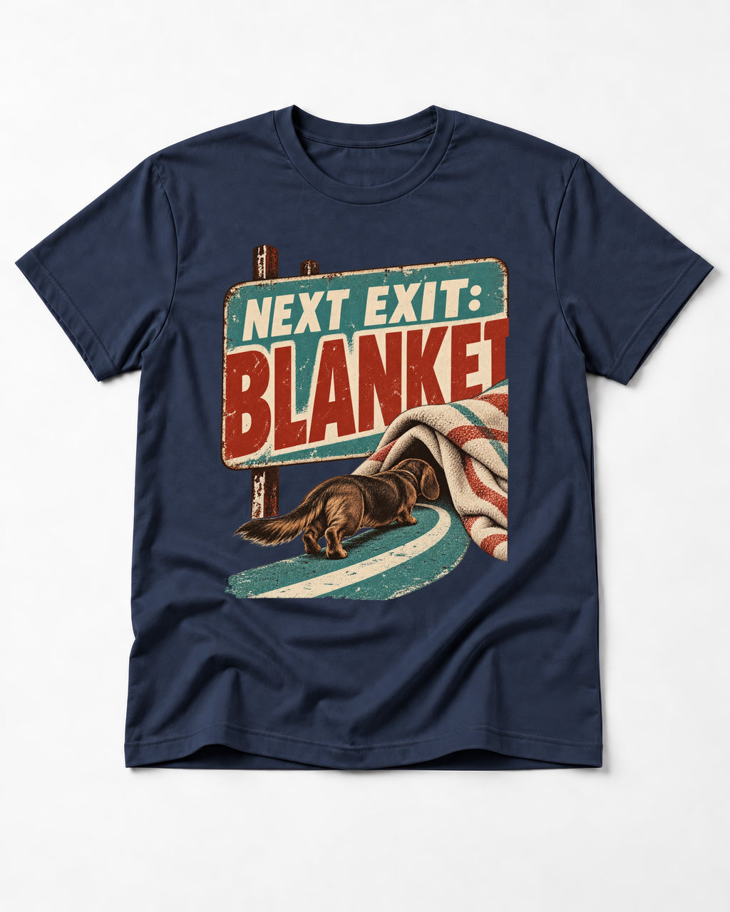 Dachshund Next Exit Blanket Road Sign Graphic T-Shirt in Navy, flat lay product photo