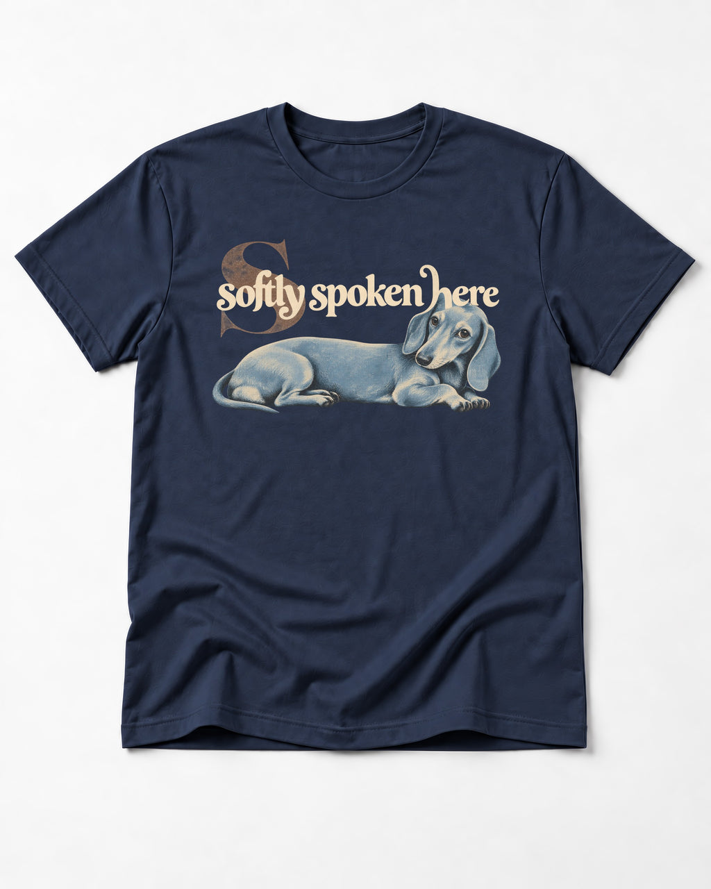 Dachshund Softly Spoken Here Reclining Portrait Graphic T-Shirt in Navy, flat lay product photo